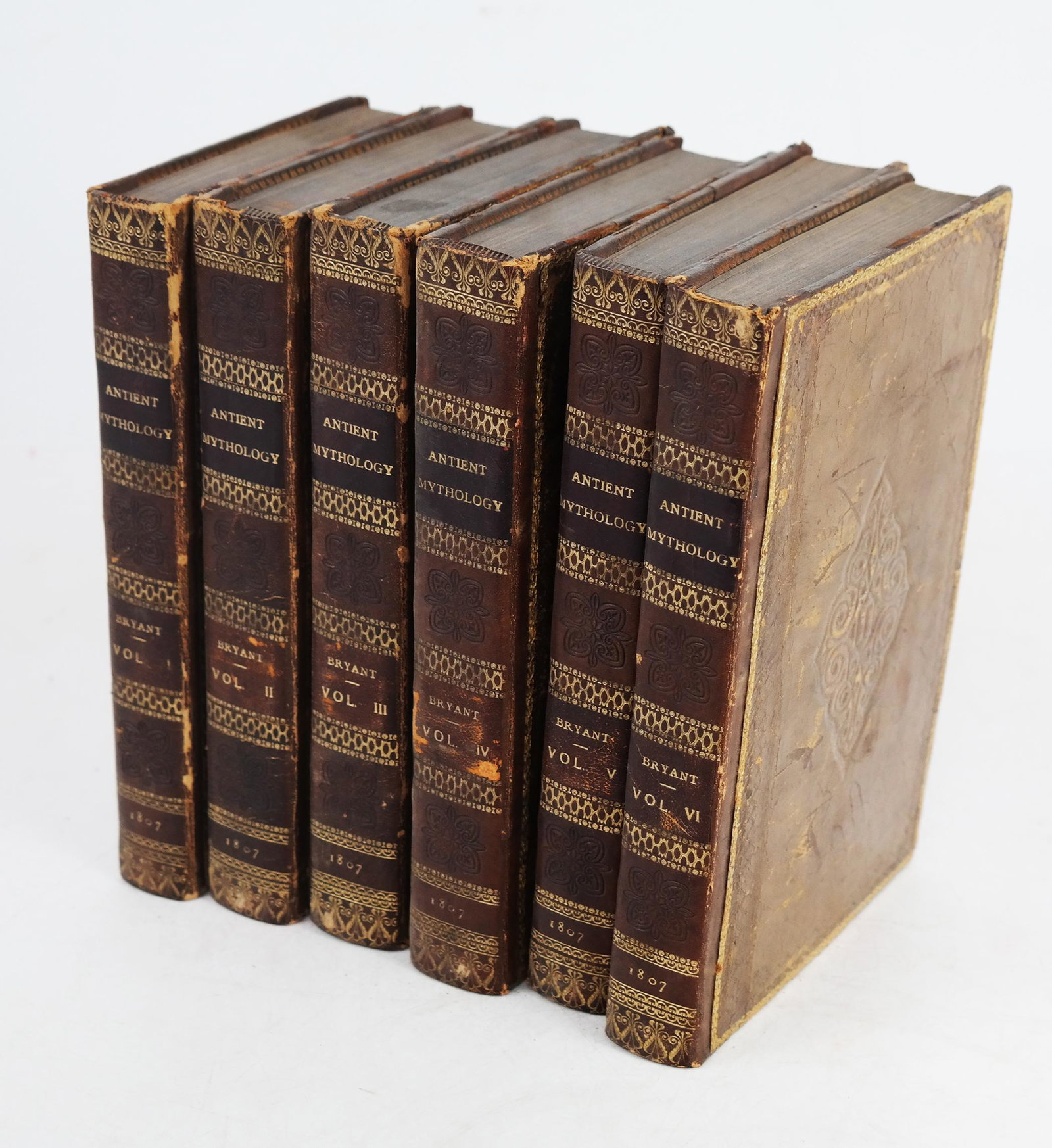 Jacob Bryant "Ancient Mythology" - 6 Vols.: "Ancient Mythology" by Jacob Bryant, in 6 volumes, circa 1807, in leather bindings with marbled end pages. [8 1/2" H x 5 1/2" W].