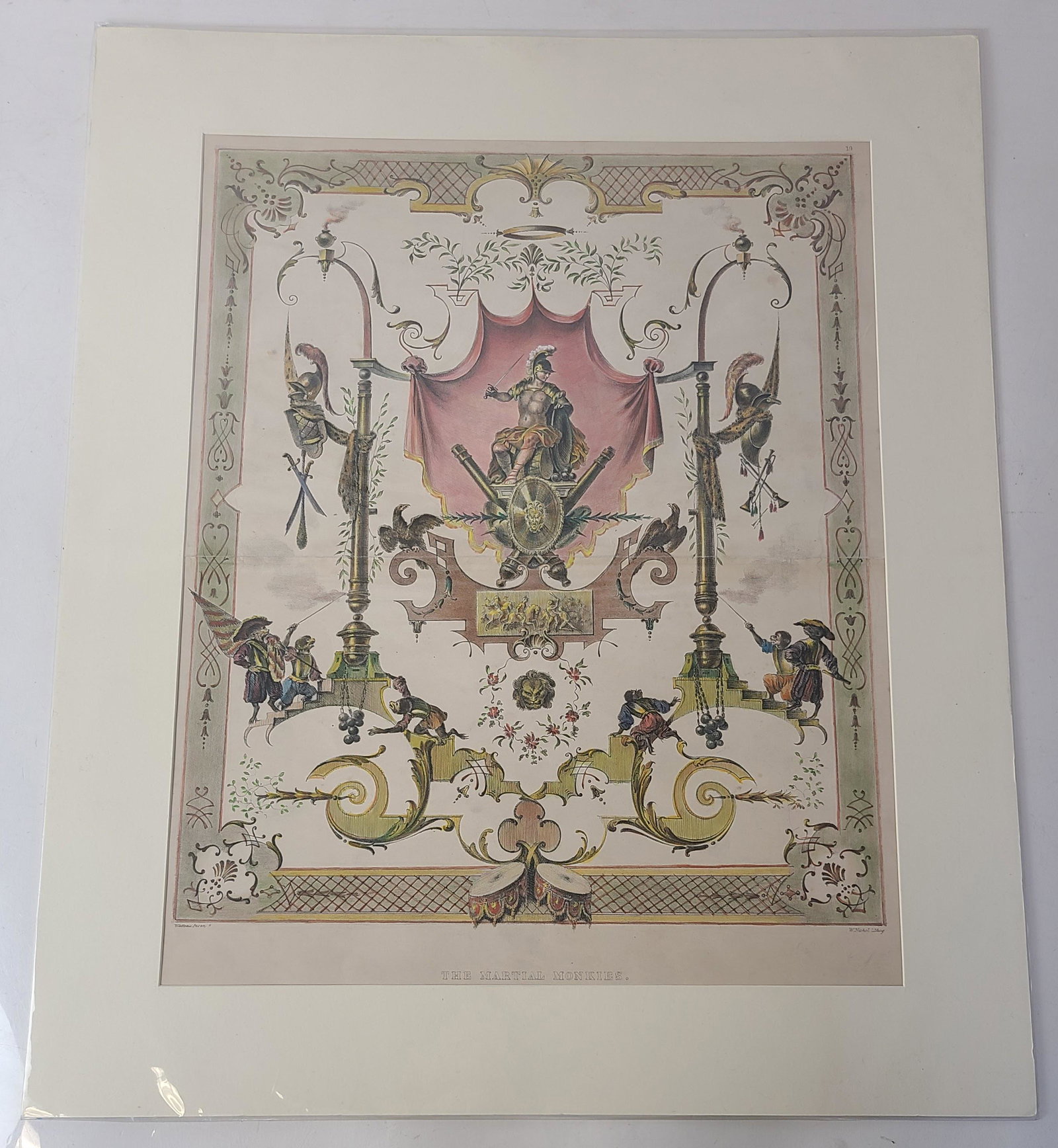 WATTEAU / NICHOLS: "Martial Monkeys" - Print: Unframed, matted "The Martial Monkeys" color print of Roman soldier armor with monkeys. Lithog. W. Nichols / Watteau, Inven. Provenance: Phyllis Lucas Gallery, NYC. [Art: 18" H x 14.5" W; Sheet: 23" H