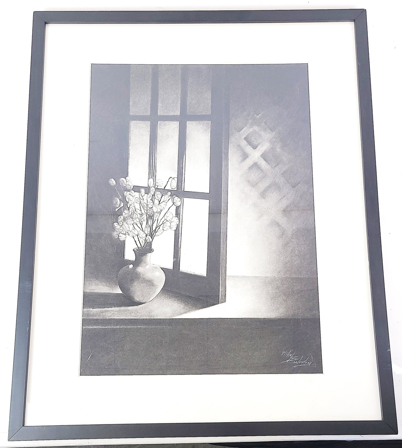 Mikel BULABY: Still Life - Charcoal Drawing: Charcoal drawing, framed under glass, of a still life, signed Mikel Bulaby (20th c.). Provenance: Phyllis Lucas Gallery, NYC. [Art: 19" H x 13" W; Frame: 26.5" H x 21" W]. In good condition.