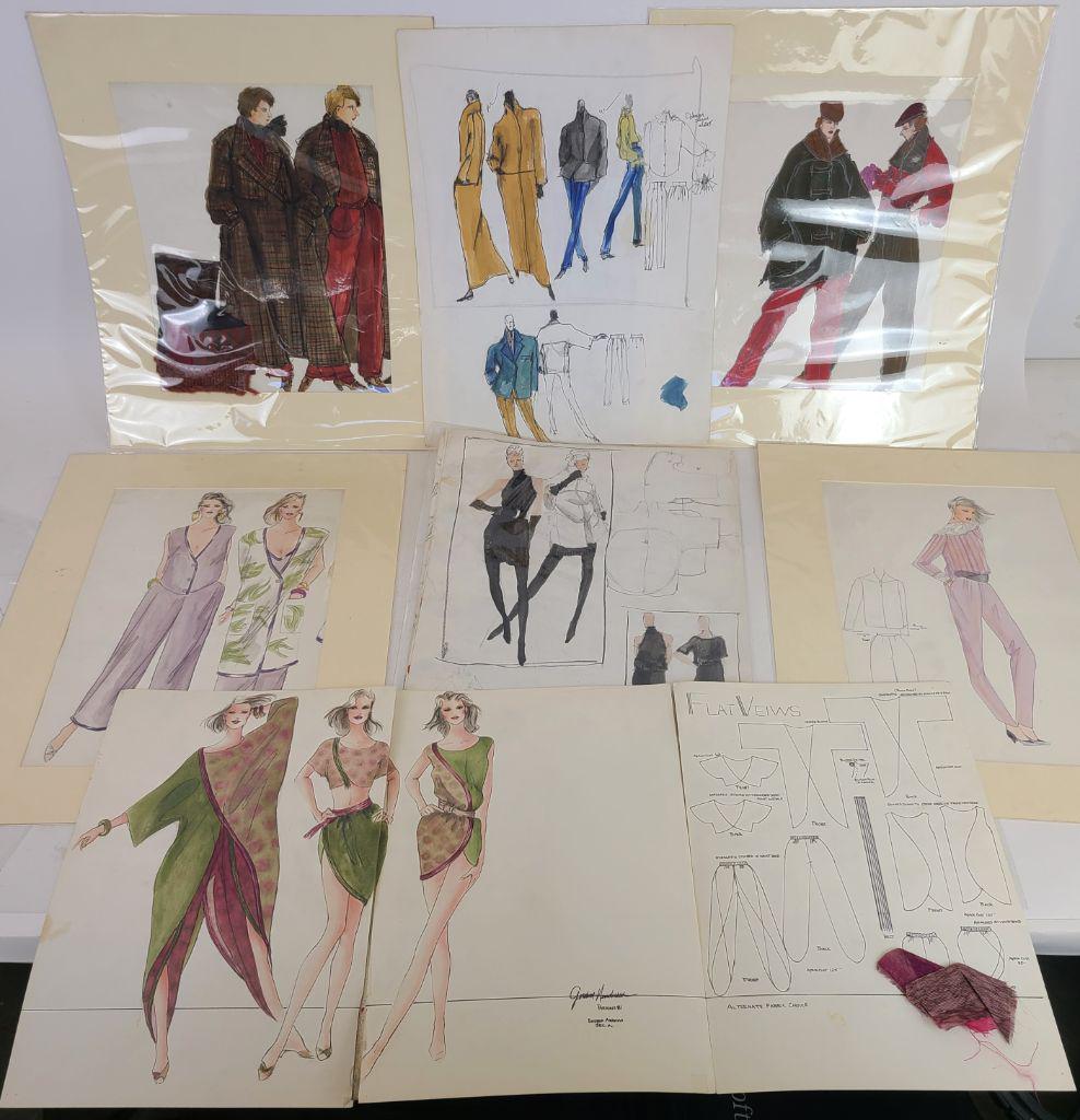 ABRAMS / HENDERSON: Fashion Costume Designs: Fashion / costume designs: signed Barbara Abrams, Gordon Henderson, Parsons '81. Provenance: Phyllis Lucas Gallery, NYC. [14" H x 11" W]. Aging; some wear.