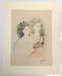 Mariette LYDIS: Two Young Women - Lithograph: Mariette Lydis (Austrian-Argentine, 1887-1970), Two Young Women, lithograph in colors, depicts two young women with flower crowns, signed and numbered "153/200" lower right, unframed, sight: 22.25" H