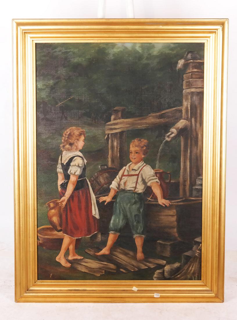 Children by a Well - Oil Painting: Oil on burlap / canvas painting of two children by a well, the boy teasing, unsigned. [Art: 45" H x 32" W; Frame: 54" H x 41" W].