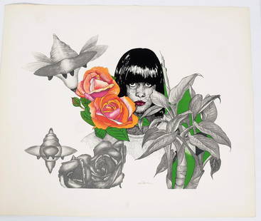 Paul Van HOEYDONCK: "Roses & Bionic Bees" - Print: Paul Van Hoeydonck (Belgian, b. 1925) screenprint in color on Arches paper of a girls face with roses and bees, titled "Roses and Bionic Bees"; signed lower middle, edition 7/150. [Image: 20" H x 28"