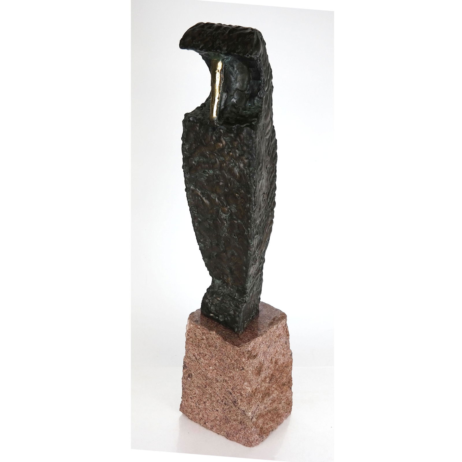 Mid-Century Bronze Owl: Brutalist bronze owl on marble plinth in the manner of Giacometti. [Overall: 23 3/4" H x 6 1/2" W x 5 1/4" D]. In good condition.