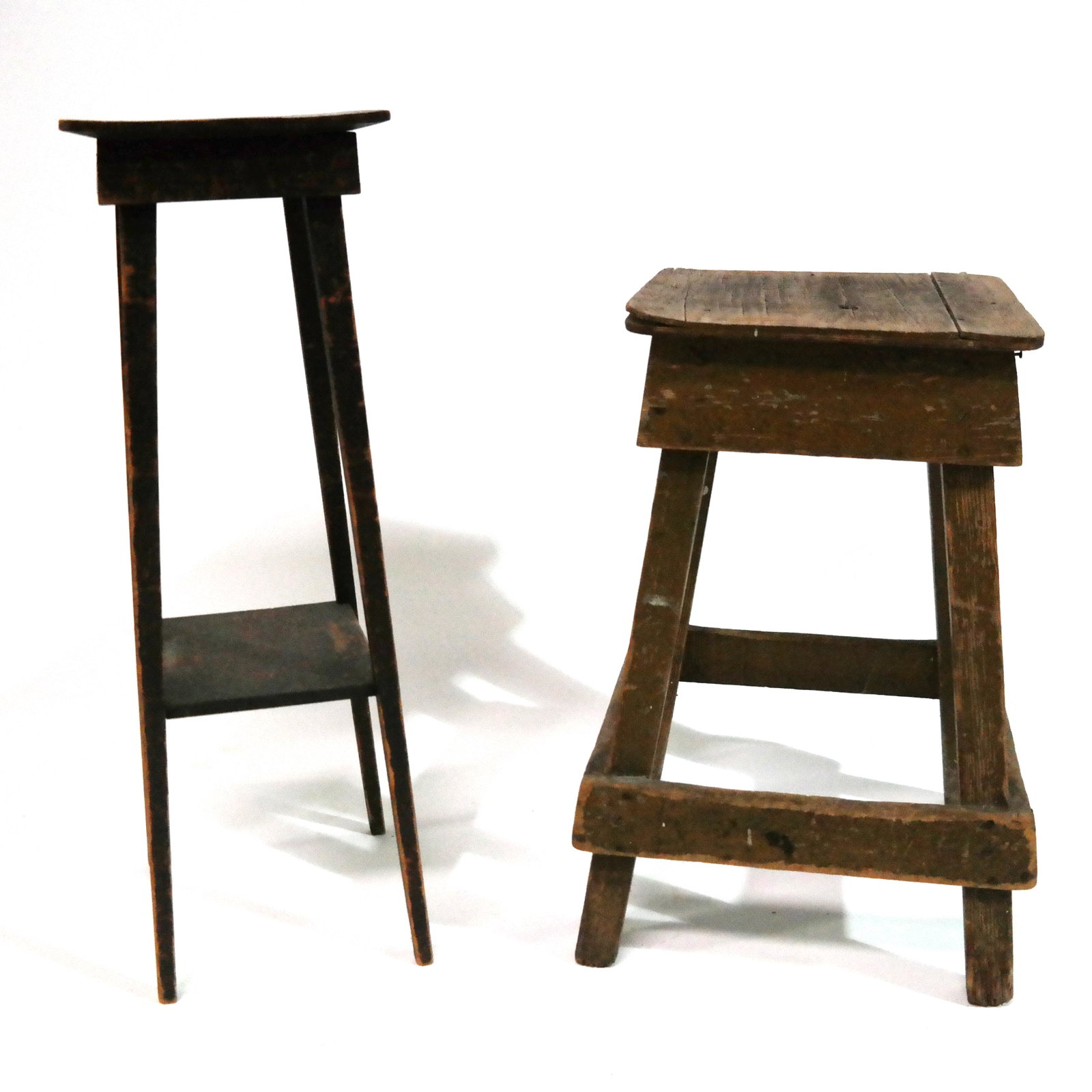 Low Stand and A Stool: Distressed stand together with a stool. [23 1/4" H x 14" W x 15" D; 29 1/2" H x 9 1/2" W x 9 3/4" D].
