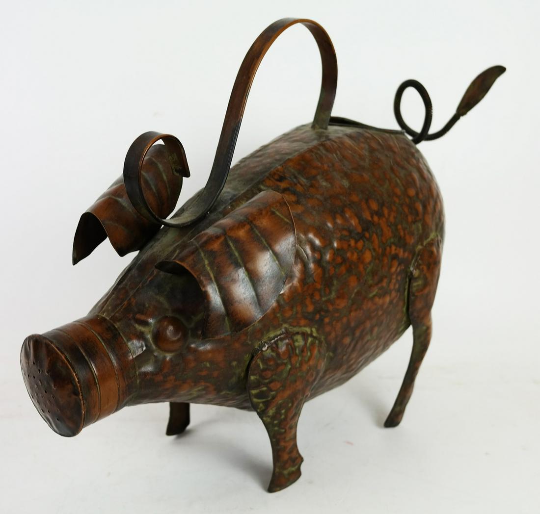 Whimsical Pig-Form Tole Watering Can: Whimsical pig-form tole watering can. [14" H x 18" W x 8" D]. Minor wear.