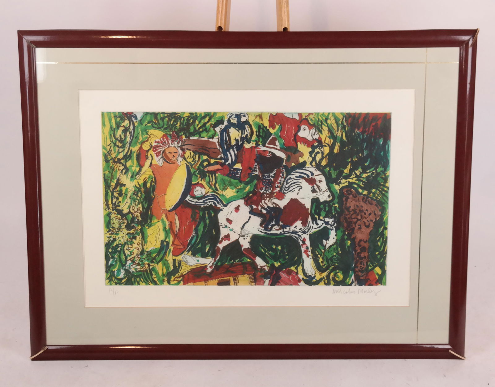 Malcolm MORLEY: Figures and Horse - Aquatint: Malcolm Morley aquatint of figures and a horse, Artist's Proof, signed, bearing blind stamp lower right. [Art: 20" H x 32" W; Frame: 38 1/2" H x 50 1/2" W]. Trim in corners "as-is".