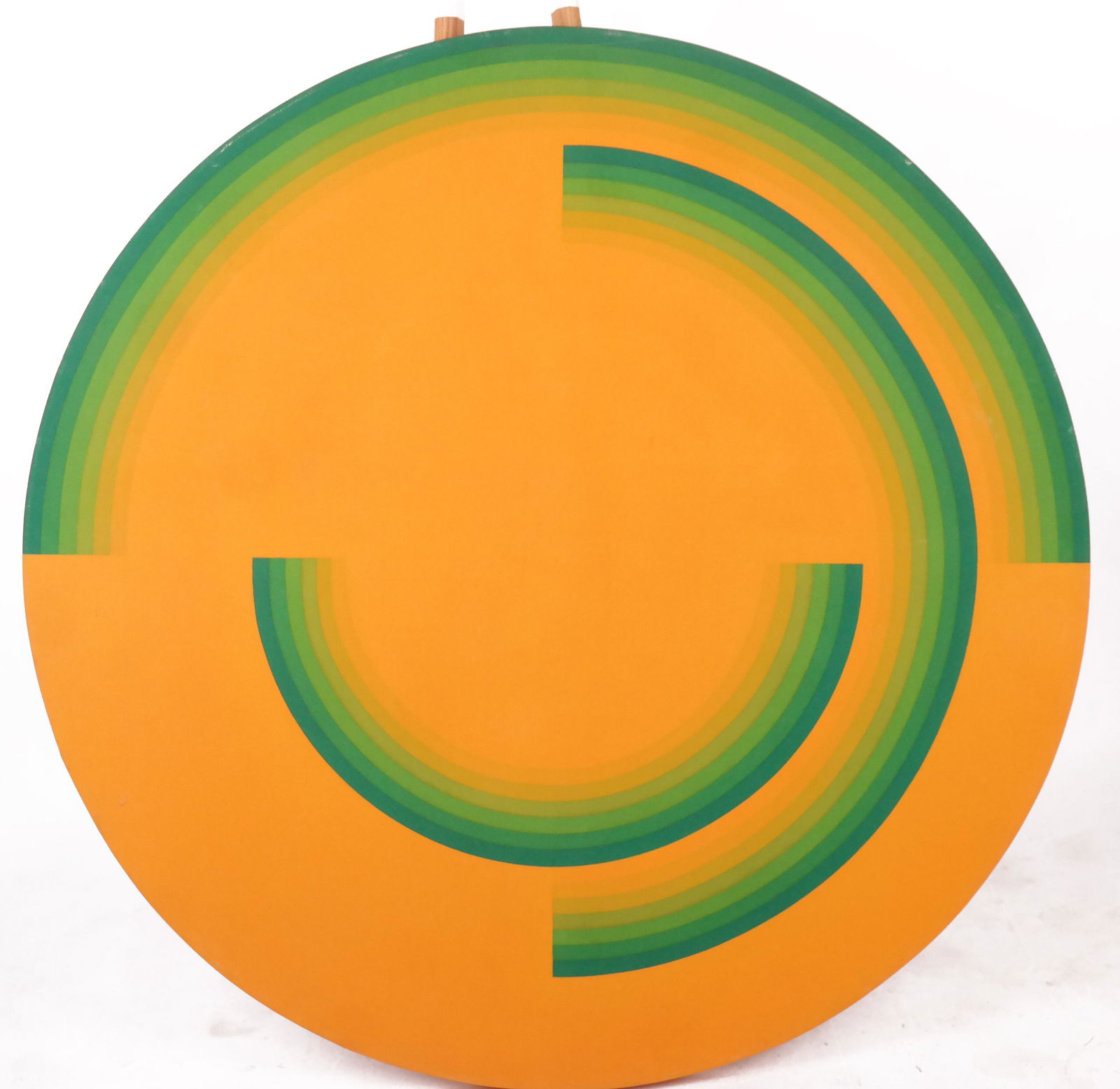 David SIMPSON: Geometric Composition - Painting: David Simpson (American, b. 1928) oil on canvas painting on a round stretcher, untitled, having orange ground with green semi-circles, signed on back, dated 12/1969. [53 1/4" Diam.]. Some surface dirt