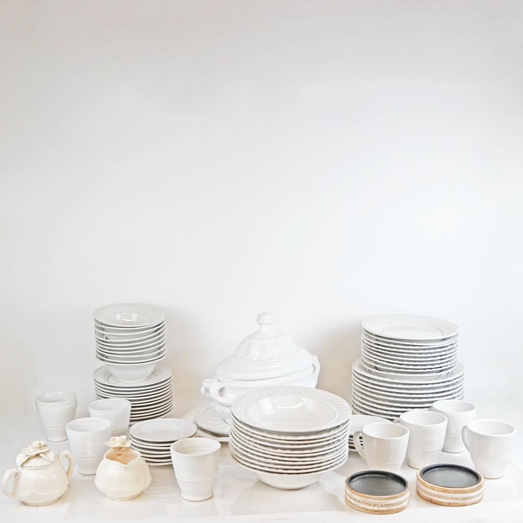 Simon Pearce Dinner Service: Hand-made in Vermont casual dining service and associated items, comprising: 8 cups, 8 saucers, 4 spare [5 3/4" Diam.], 12 plates [8" Diam.], 10 plates [9 1/2" Diam.], 10 plates [11 1/4" Diam.], 10 de