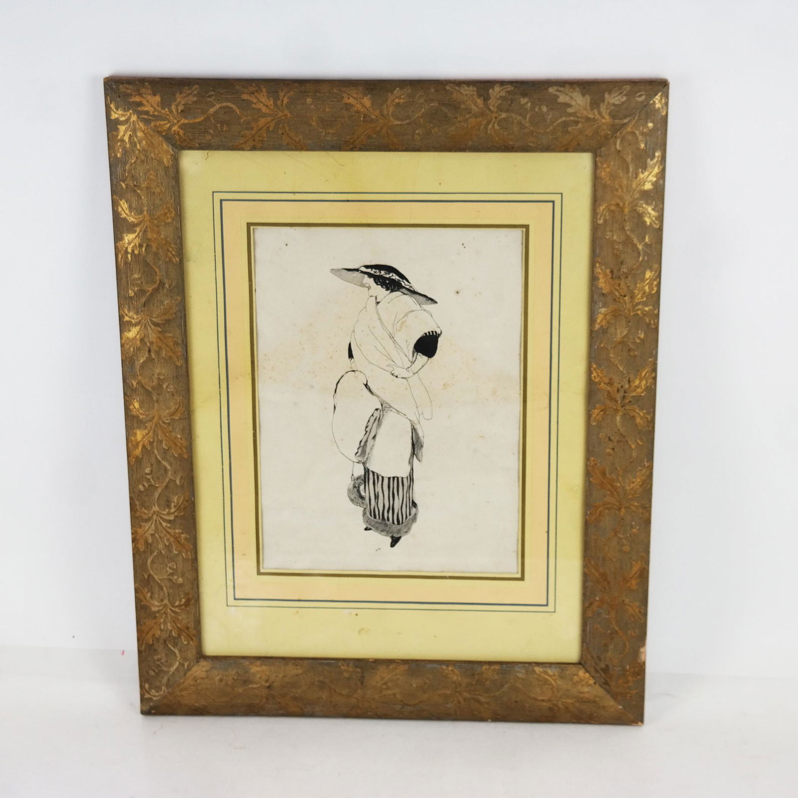 Style of Aubrey BEARDSLEY: Portrait - Drawing: Framed pen and ink drawing of an Edwardian woman, in the style of Aubrey Beardsley (British, 1872-1898), well framed and generously matted. Unmarked. [Image: 10 1/4" H x 7 1/2" W; Frame: 19" H x 15" W