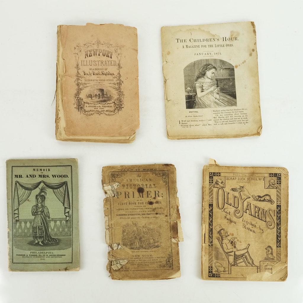 Group of 19th C. Educational & Literary Pamphlets: Group includes "Memoir of Mr. & Mrs. Wood", 1840, "The America Pictorial Primer", 1845, "Old Yarns Knit Together" by Jackson Slocum, 1890, and others. 5 pieces. In poor to fair condition.
