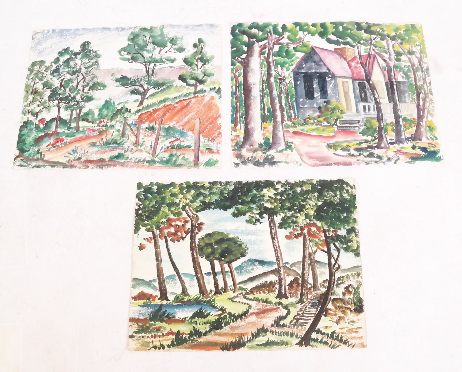 Landscapes, Watercolor, 3 PCS.: Four watercolors on paper (one is doubled sided) depicting various landscapes, all from the 1930s or 1940s. unframed. [Largest: 19.75"H x 25" W.] Wear to edges and stains.