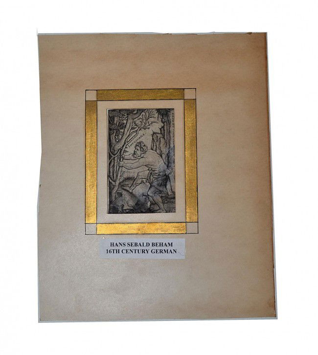 Hans Sebald Beham, Engraving "Impossibile": Hans Sebald Beham (1500-1550) engraving depicting a man attempting to uproot at tree. Signed with monogram "HSB" and dated "1549". Bears inscription, in German, at right edge. Margins clipped to image