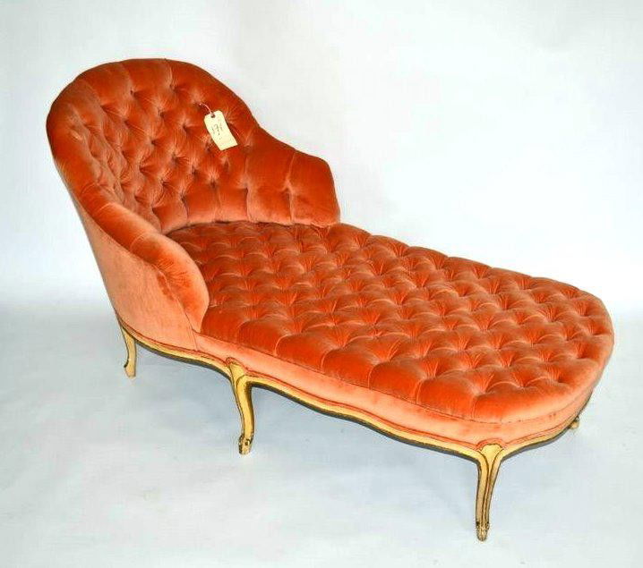 French Chaise: Louis XV style painted and decorated chaise with coral tufted upholstery. Good condition. 64" L x 34" H (back).