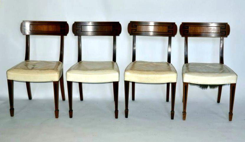 Kittinger, Set of Ten Dining Chairs: Set of painted Regency style dining room chairs by Kittinger, black Greek key design on tapered legs. One arm, nine side chairs.
