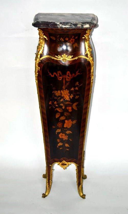 French 19th C. Pedestal [attr. Francois Linke]: French Louis XV style marble top pedestal, parquetry and marquetry inlaid with fine bronze ormulu mounts and floral decor, possibly Francois Linke.
