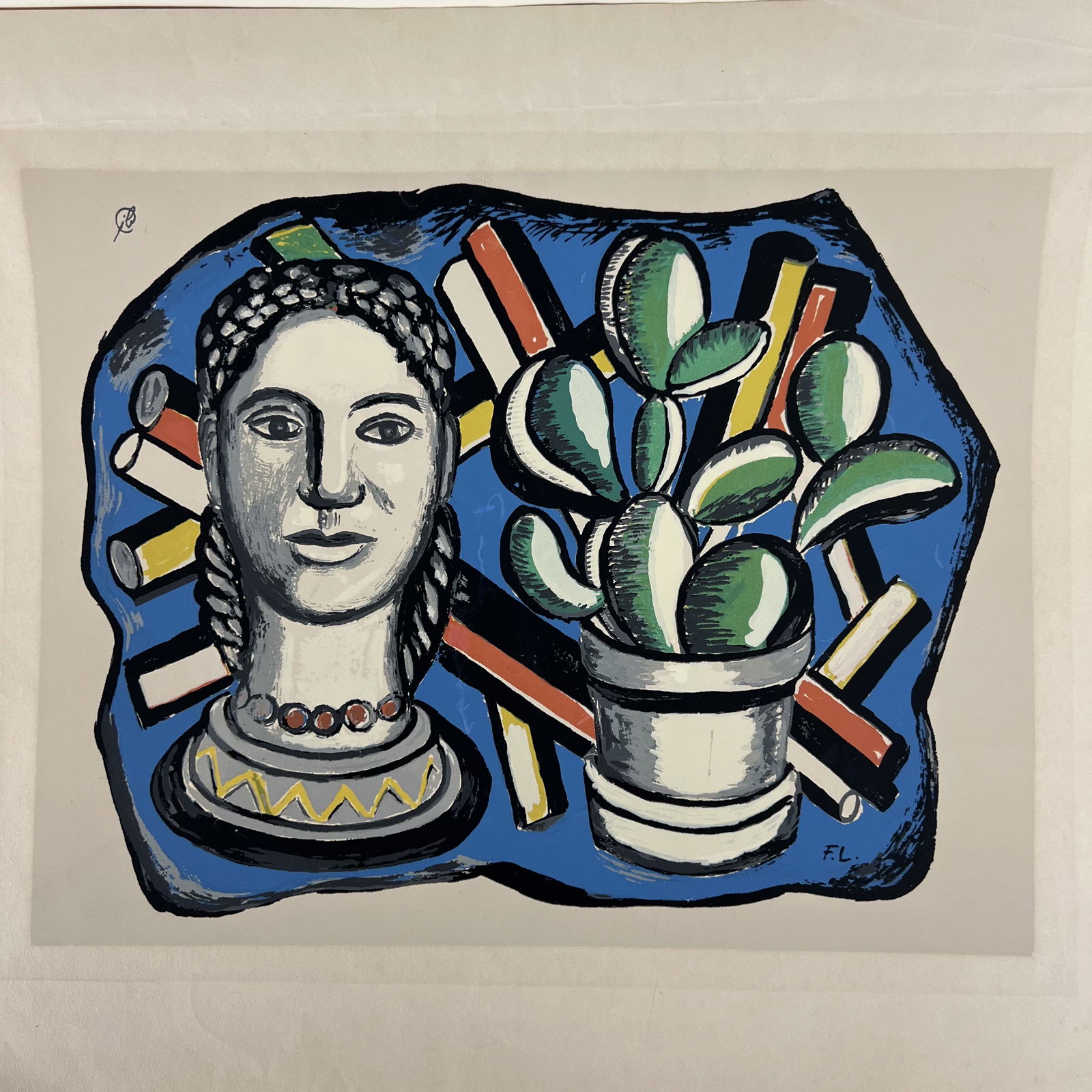 Fernand LEGER: Head & Cactus (1954) - Litho.: Joseph Fernand Henri Leger (French, 1881-1955) colorful lithograph on Arches paper of a head and cactus plant, initialed in plate and numbered lower right in pencil "288/1000". Publisher monogram in p