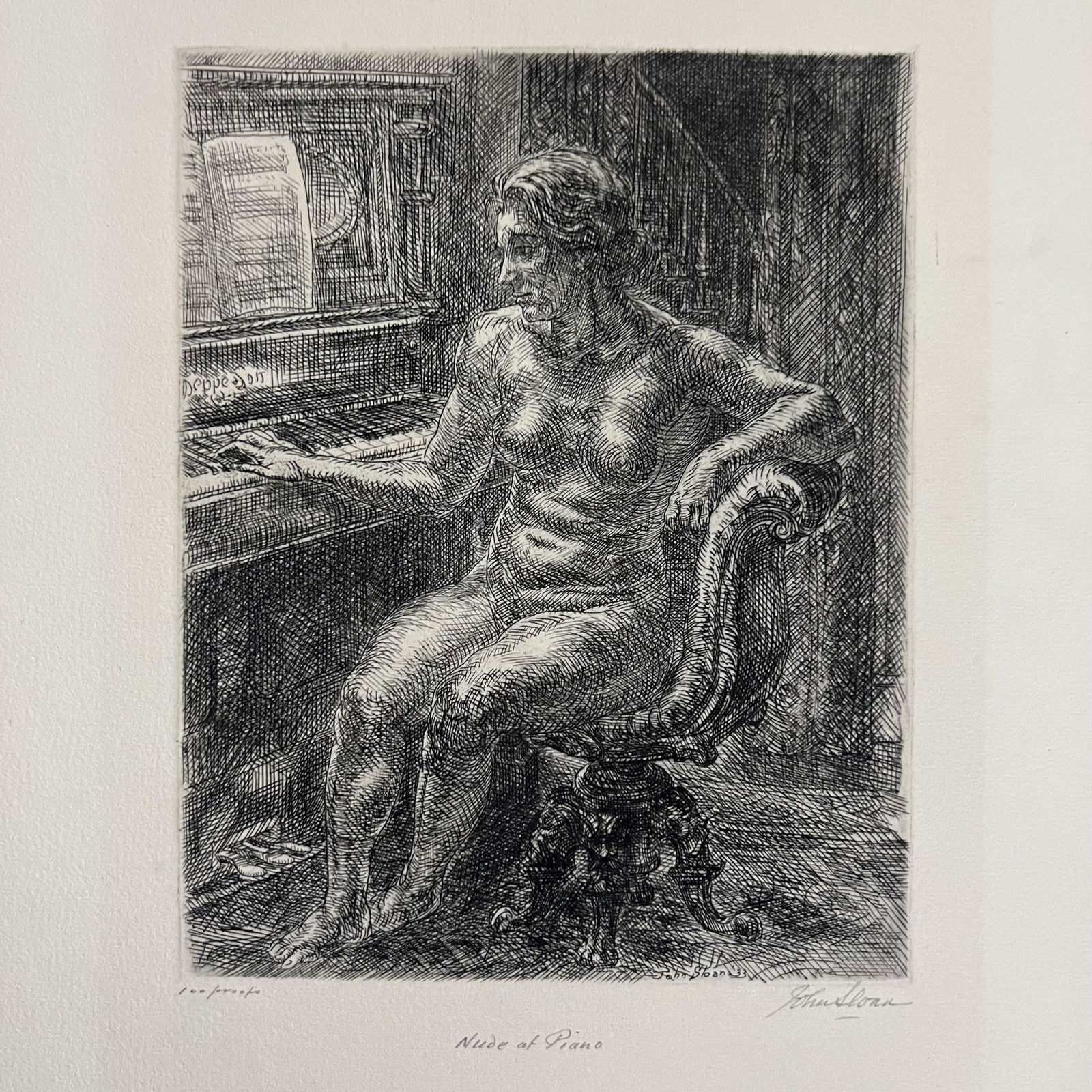 John SLOAN: "Nude at Piano" - Etching: John Sloan (American, 1871-1951) etching titled "Nude at Piano" depicting a full-length female nude seated at a piano, signed and dated in the plate "John Sloan '33" and pencil signed to bottom right