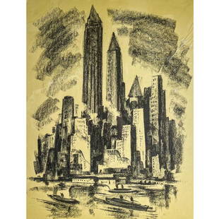 Mark FREEMAN: "Manhattan Towers" - Lithograph: Mark Freeman (Austrian-American, 1908-2003) lithograph titled "Manhattan Towers," depicting bold composition of Manhattan skyline with river traffic in foreground. Titled, numbered "21/30" and signed