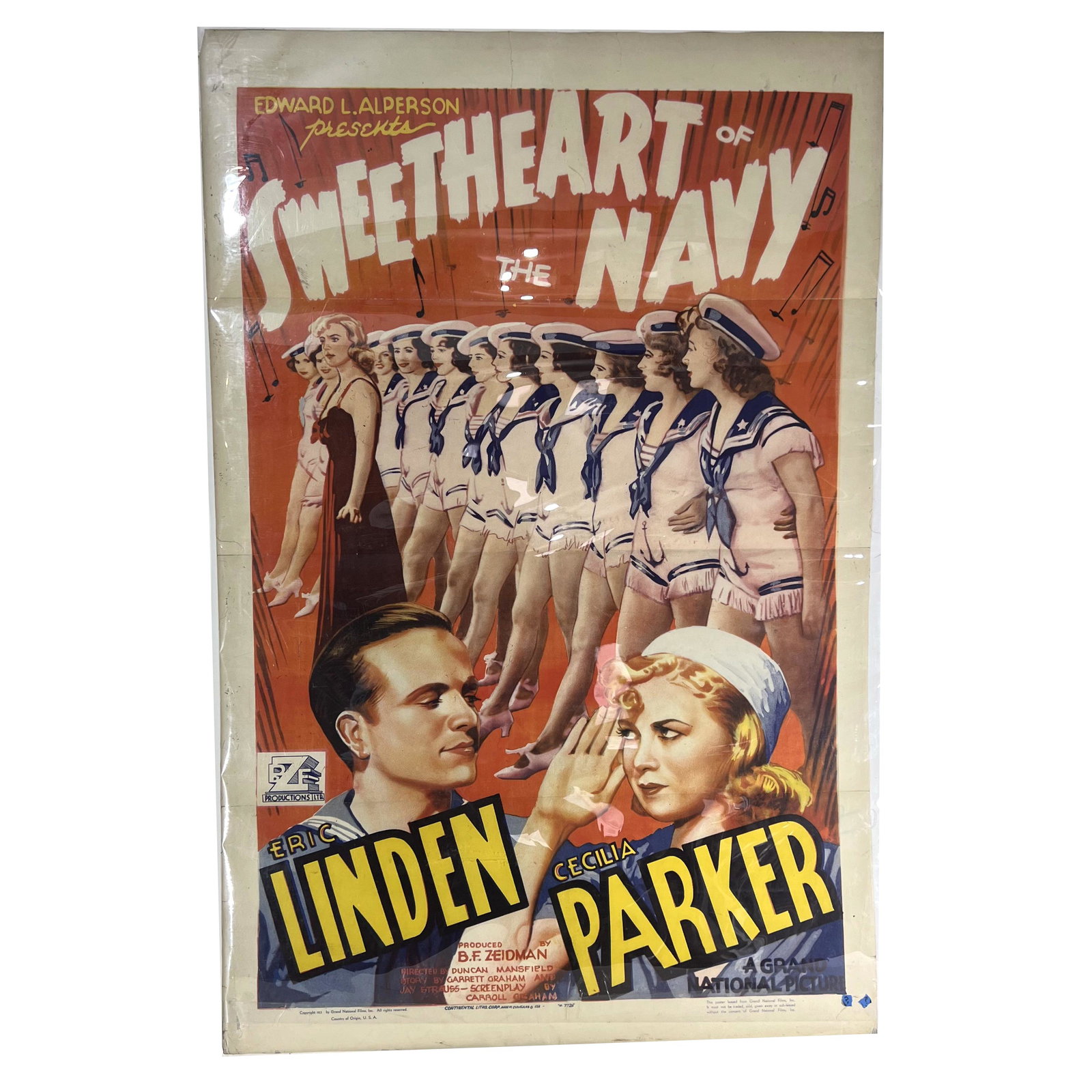 Sweetheart of the Navy Movie Poster: Movie poster: Edward A. Alpersin presents "Sweetheart of the Navy" starring Cecilia Parker and Eric Linden, copyright 1937 Grand National Films Inc.. Provenance: Phyllis Lucas Gallery, NYC. [41" H x 2