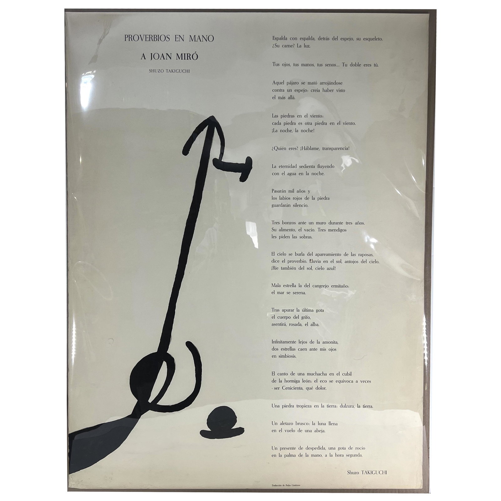 MIRO & SHUZO: "Proverbi a Mano" - Lithograph: Collaborative work between Joan Miro and Takiguchi Shuzo titled "Proverbi a Mano," numbered in pencil "4/75," 1970. Provenance: Phyllis Lucas Gallery, NYC. [39" H x 30" W]. Toning.