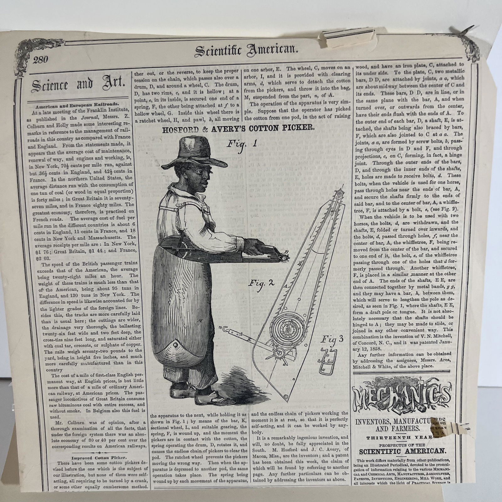 Scientific American: "Improved Cotton Picker" 1858 (1 of 8)