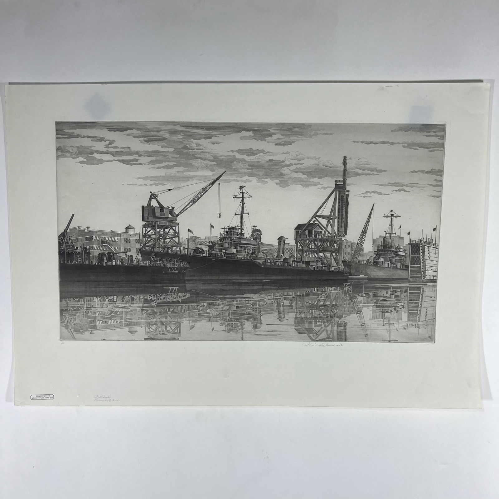 John T. ARMS: "Destroyers.." - Etching & Aquatint: John Taylor Arms (American, 1887-1953) etching and aquatint titled "Destroyers in Wet Basin, S. Kearny, NJ," pencil signed and dated "1943" to lower border. Collection of C. John Taylor, with Arms 111