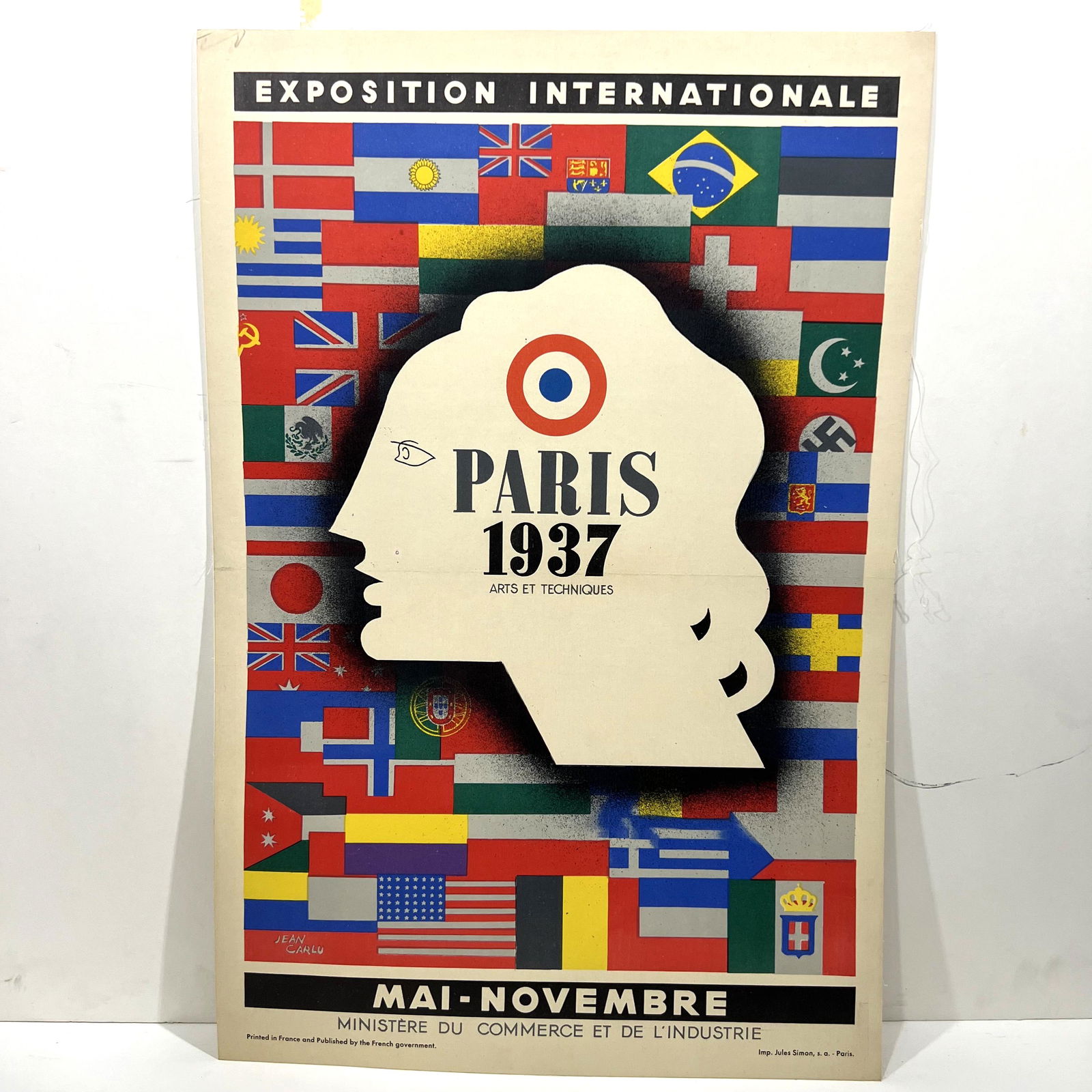 Jean CARLU: 1937 Paris Exhibition Poster: Jean Carlu (French, 1900-1997) 1937 Paris Exhibition poster, depicting "Marianne," a symbol of the French Republic, published by the French Government. This poster was printed in French in several siz