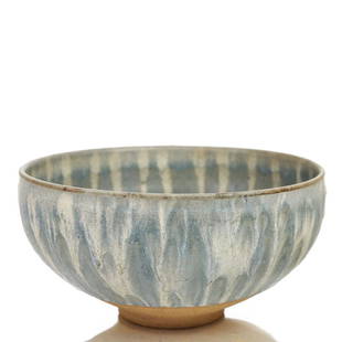 William WYMAN: Glazed & Unglazed Bowl: William Wyman mid-century modern pottery bowl, the upper part with pale blue and white glaze over unglazed. Provenance: Sollo/Rago Auction, 4/22/06 - pg. 371. Ceramic Nationals 17, 19, 22, 23, and