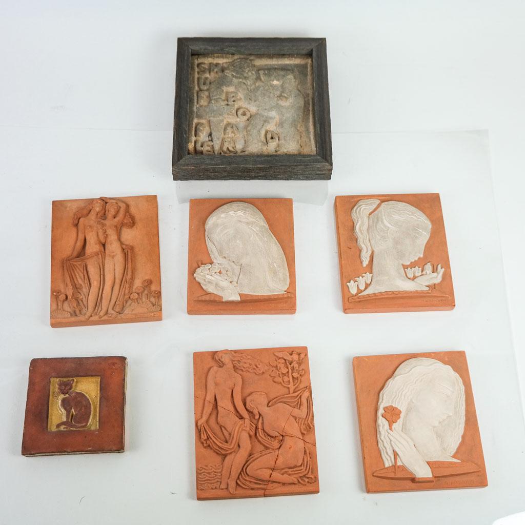 Group of 7 American Terra Cotta Tiles: Group of seven American terra cotta tiles, including five by Alexsandra Kashuba (1923-2019), Ceramic Nationals, and one framed. [Largest, with frame: 7 1/4" sq. x 2" D]. Provenance: From the Eileen an