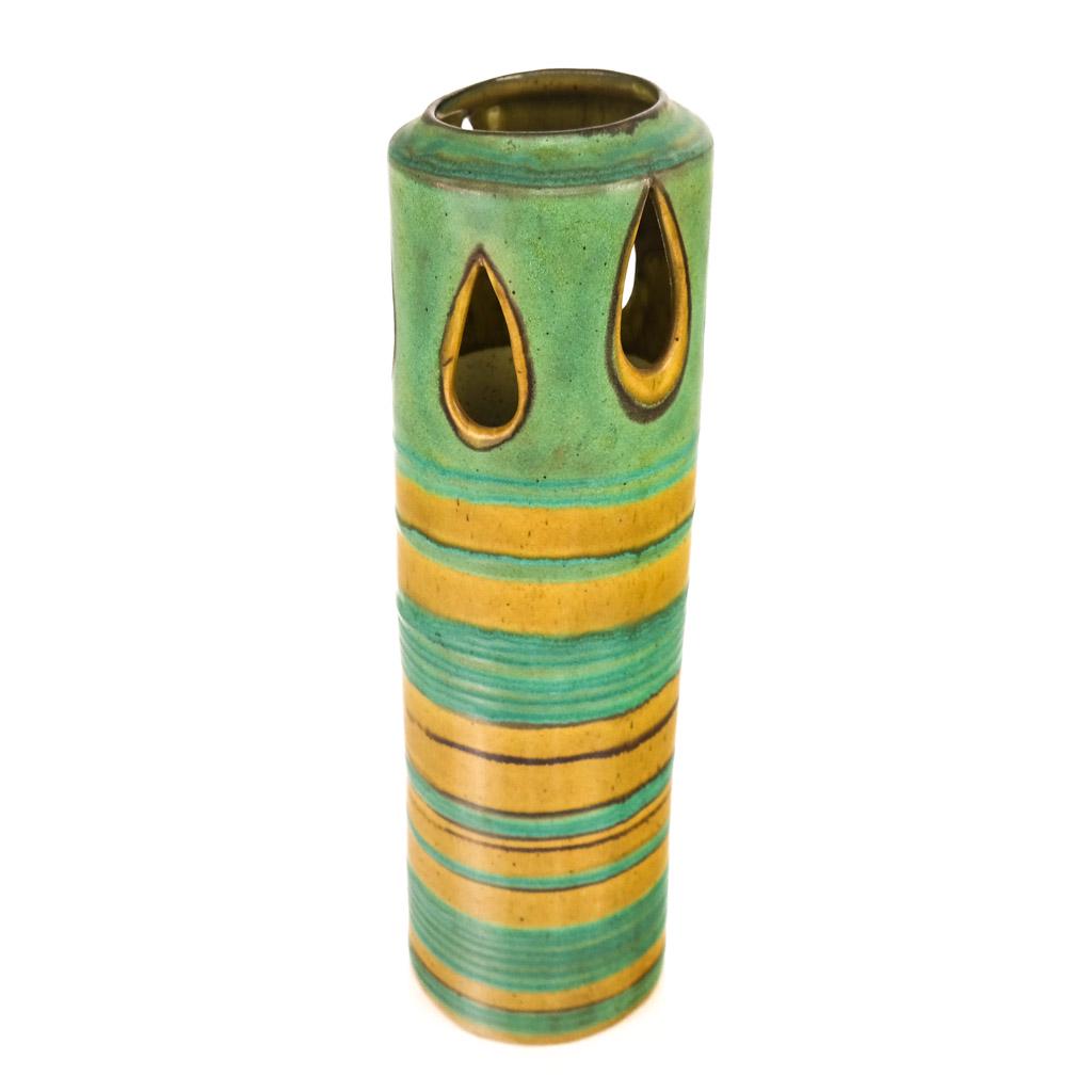Fong Chow for Glidden Tall Vase: Fong Chow for Glidden green, mustard and brown tall vase with holes towards the top in mid-century modern teardrop design. Ceramic Nationals from 1950s to late 60s. [15 1/2" H x 4 1/2" Diam.]. Provena