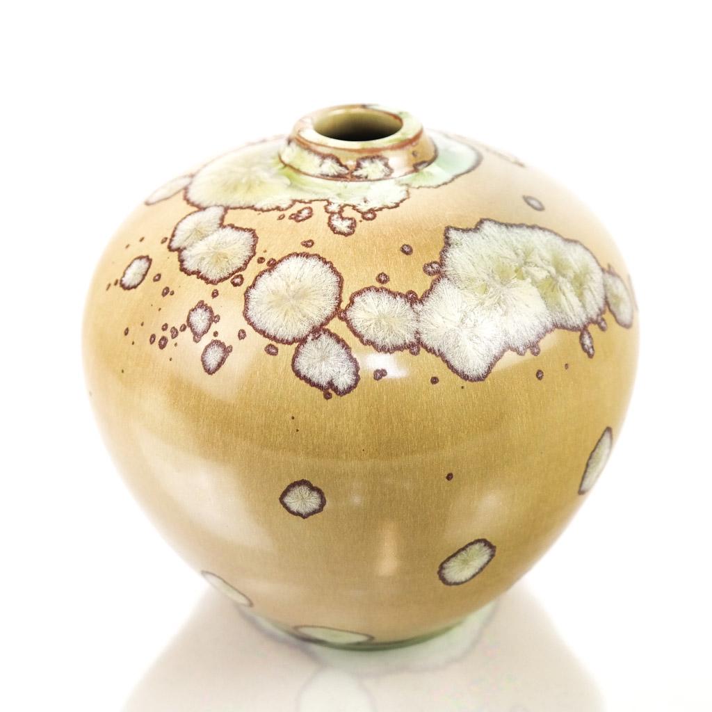 Marius & Huguette Bessone Vase: Marius and Huguette Bessone (1929-2001) low glazed and spotted beige vase with narrow top, signed on bottom Bessone Villauris. [5 1/2" H x 5 1/2" Diam.]. Provenance: From the Eileen and Marvin Reingol