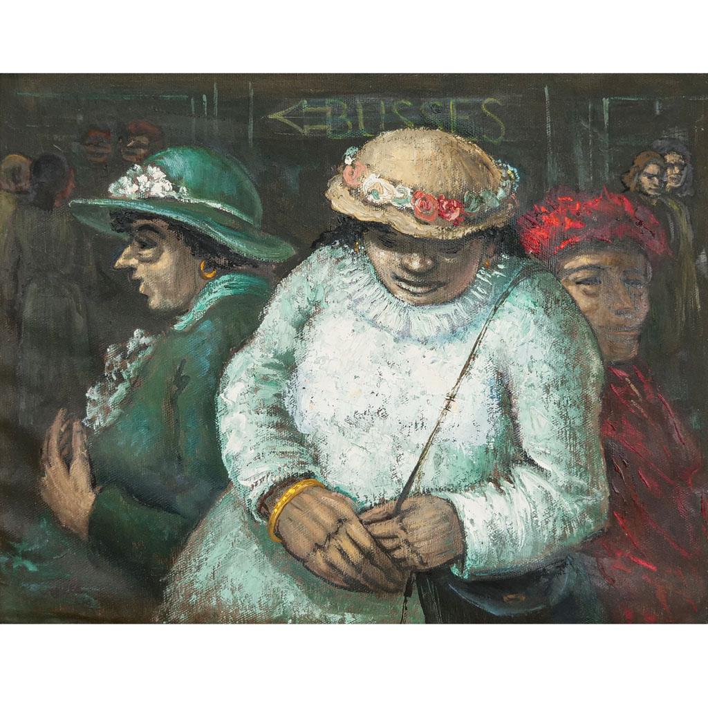 Albert PELS: Ladies Waiting - O/C: Albert Pels (American, 1910-1998) oil on canvas laid down of ladies waiting for the bus, signed lower left. Provenance: From the Eileen and Marvin Reingold Collection. [Sight: 14" H x 18" W; Frame: 21