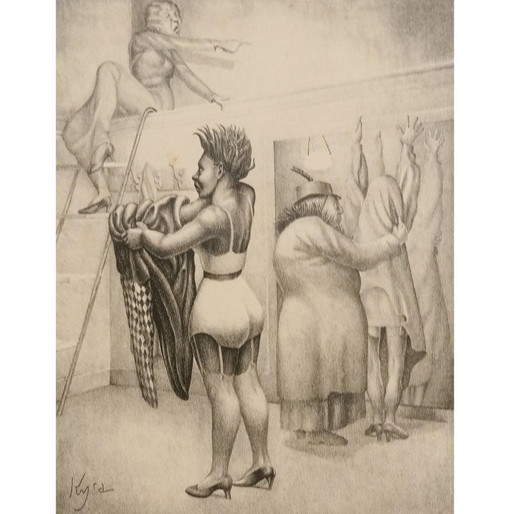 Kyra MARKHAM: "Fit Yourself.." - Print: Kyra Markham (American, 1899-1967) print of a dressing room titled "Fit Yourself Shop," numbered "11/50" and signed lower right in margin and in the stone, 1935. Provenance: From the Eileen and Marvin