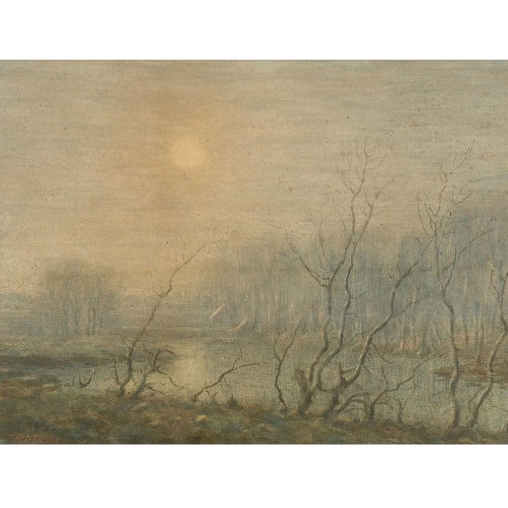 Thomas R. MANLEY: Sunrise Scene - Drawing: Thomas Rathbone Manley (American, 1853-1930) framed drawing of a sunrise scene, signed lower left "T.R. Manley". Provenance: From the Eileen and Marvin Reingold Collection. [Sight: 9 1/2" H x 12 1/2"