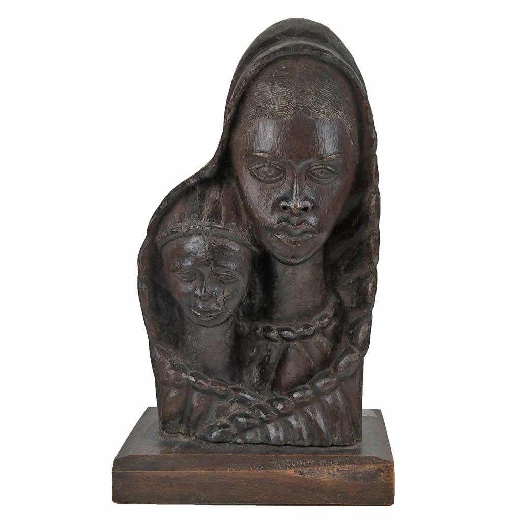 Roger FRANCOIS: Mother & Child: Roger Francois (Haitian, 1928-2013) work of a mother and child, signed to verso. Provenance: From the Eileen and Marvin Reingold Collection. [19 1/2" H x 11" W x 7" D]. Wear throughout.