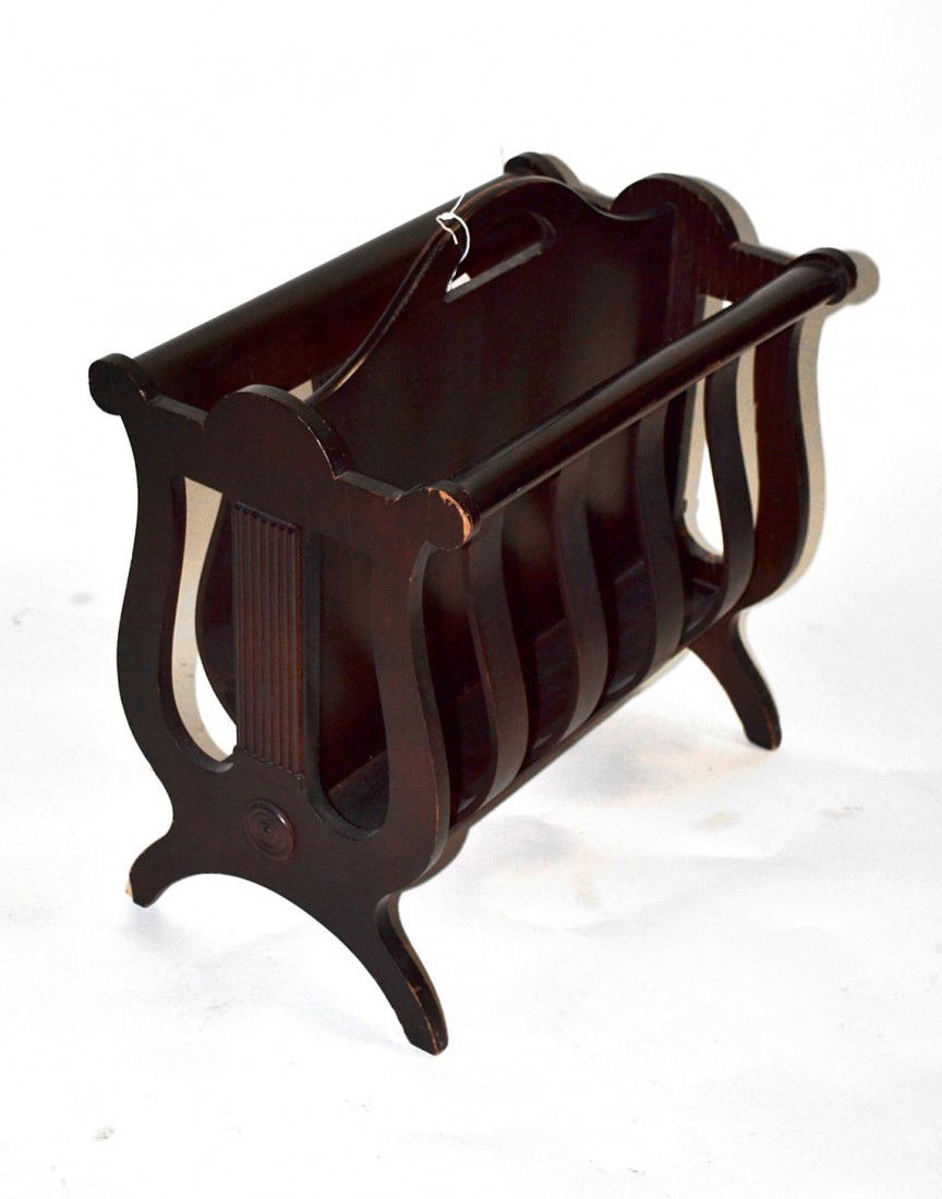 Duncan Phyfe Style Lyre Form Canterbury: S-form lyre canterbury. Worn.