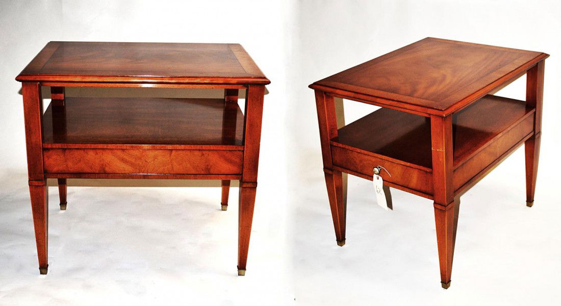 Pair of Two Tier End Tables: Mahogany banded tabled by William Bentey Furniture Co. for John Widdicomb. In good condition. 27.5" x 21.5" x 25.5" H