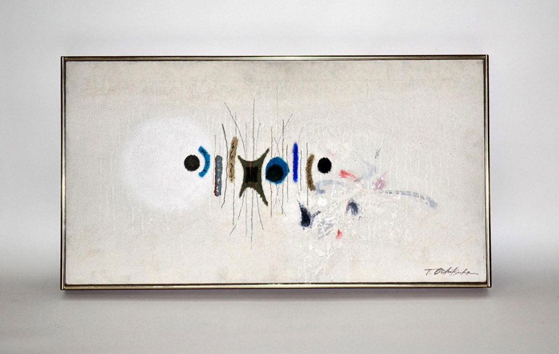 Tetsuo Ochikubo Mixed Media "Beginning #1": Abstract composition with totemic elements at center against a mottled creme background. Signed "T. Ochikubo" at bottom right. Titled on stretcher bar "Beginning #1" in pencil. Light craquelure otherw