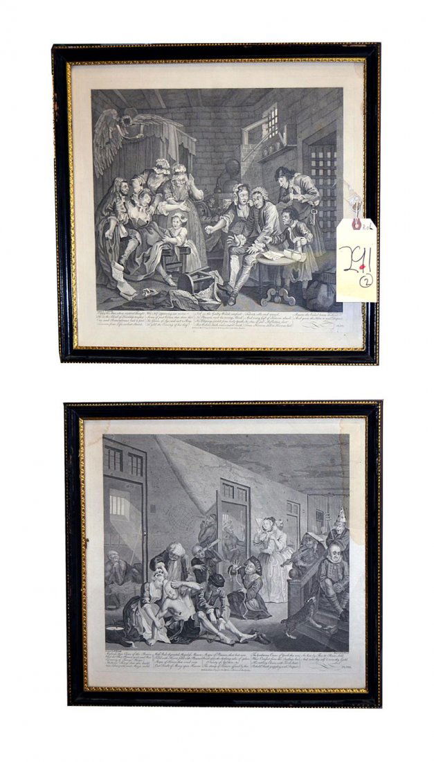 Pair of 18th Century William Hogarth Engravings: Each bears an inscribed in the plate caption offering life lessons, one concerning the happy man, the other mental illness. Both images 14" x 16". Frames 17.75" x 19.5" Each bear a bold plate impressi