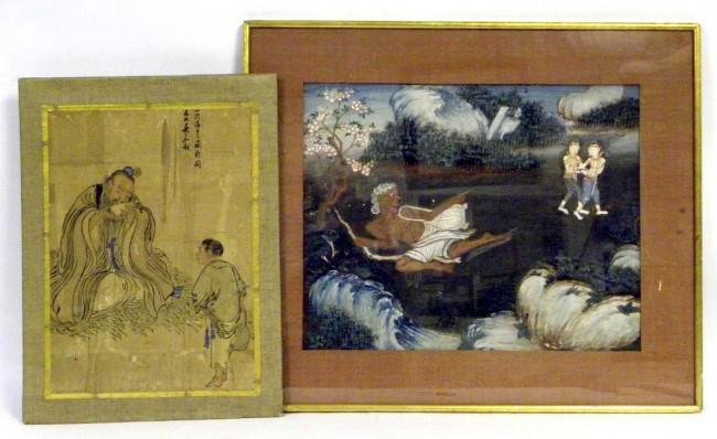 Two Works of Art: A framed oil on board of a Middle Eastern pair conversing with a diety. Losses to paint, 22" x 26", together with a Chinese panel laid on board of wise man and servant. Losses, staining, and foxing. 1