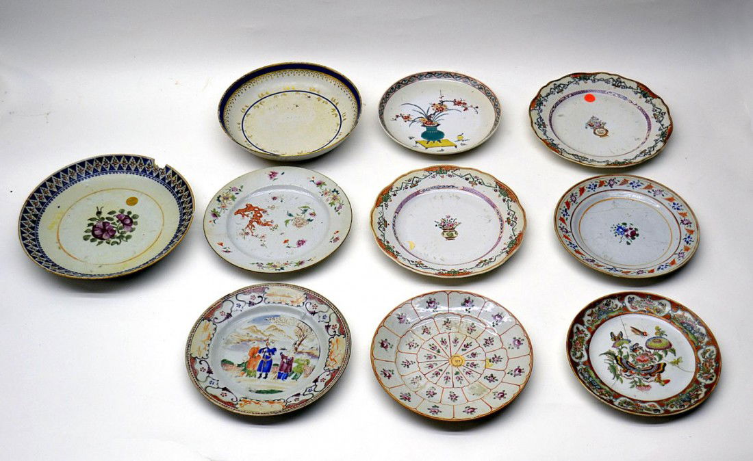 Ten Porcelain Plates-Bowls: Earthenware and Chinese export, various ages, one large chip, chips and age cracks.