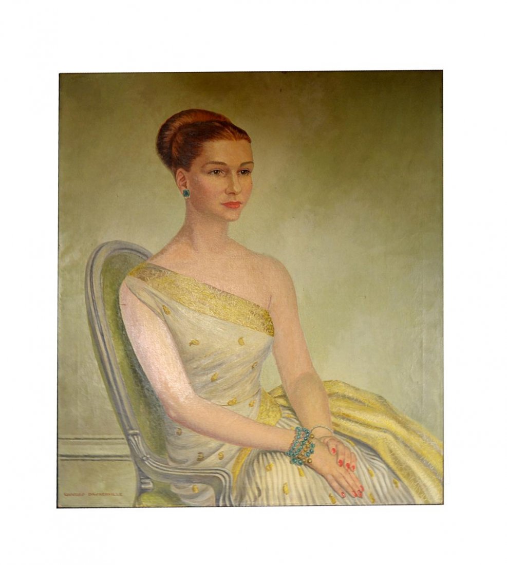 Charles Baskerville Oil on Canvas, Mrs. Mackenzie: Oil on Canvas depicting an elegant woman wearing an evening dress in a waist-length 3/4 profile pose. Inscribed on back: "Mrs. john Mackenzie Jr. 1952." Unframed. Image: 36" x 30". Signed at bottom le