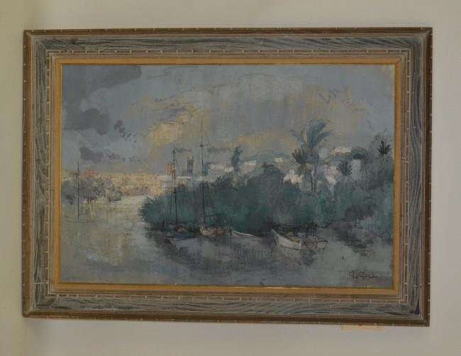 Joe Jones Oil on Canvas: Framed oil on canvas of boats docked along the shore, possibly New York. Good condition. Image - 24" x 36", frame 31" x 43".
