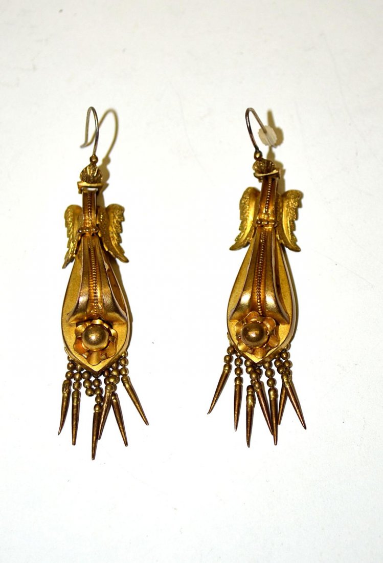 Pair of Victorian Gold Plated Earrings: Having a swag in a leaf with rose tie and six spears.