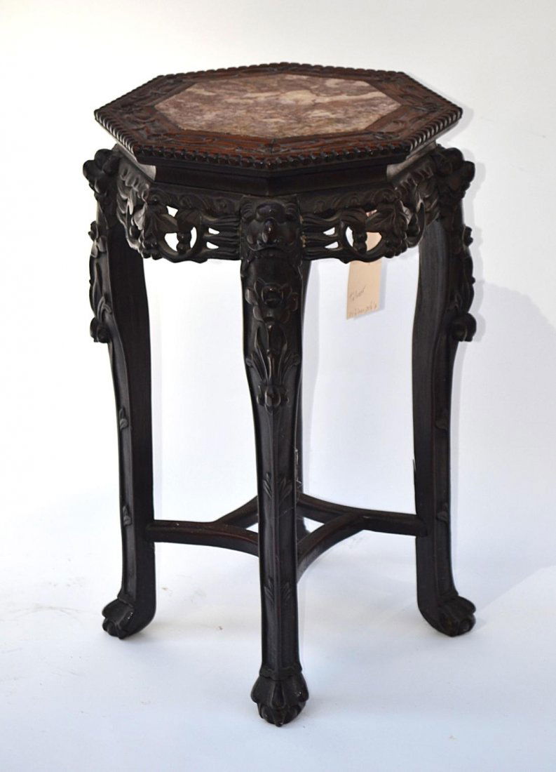 Antique Chinese Tabouret Table: Octagonal carved wood table with pierced apron, marble top, and diamond-form cross stretcher. 24" H x 15" Dia.