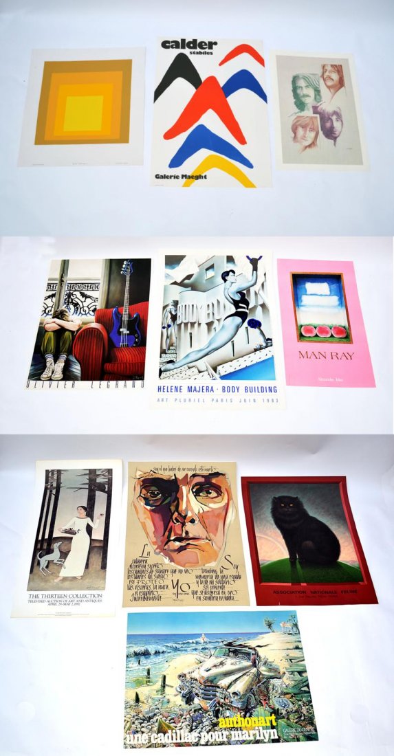 Vintage 1980s Exhibition Posters: International exhibition posters for artists including: Helen Majera, Josef Alisers, Alexander Calder, and others. Lot contains two art prints. 16 items total. Sizes from 24 3/4" x 17 3/4" to 39 1/4" 