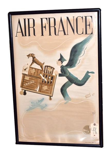 Herve Baille "Air France" Poster: Mid-Century Air France poster signed in-the-stone "Herve Baille". Depicts a winged baggage handler. Minor creases, age-toning, and puckering, otherwise in good condition. Art: 39.25" x 25.25" W, Frame