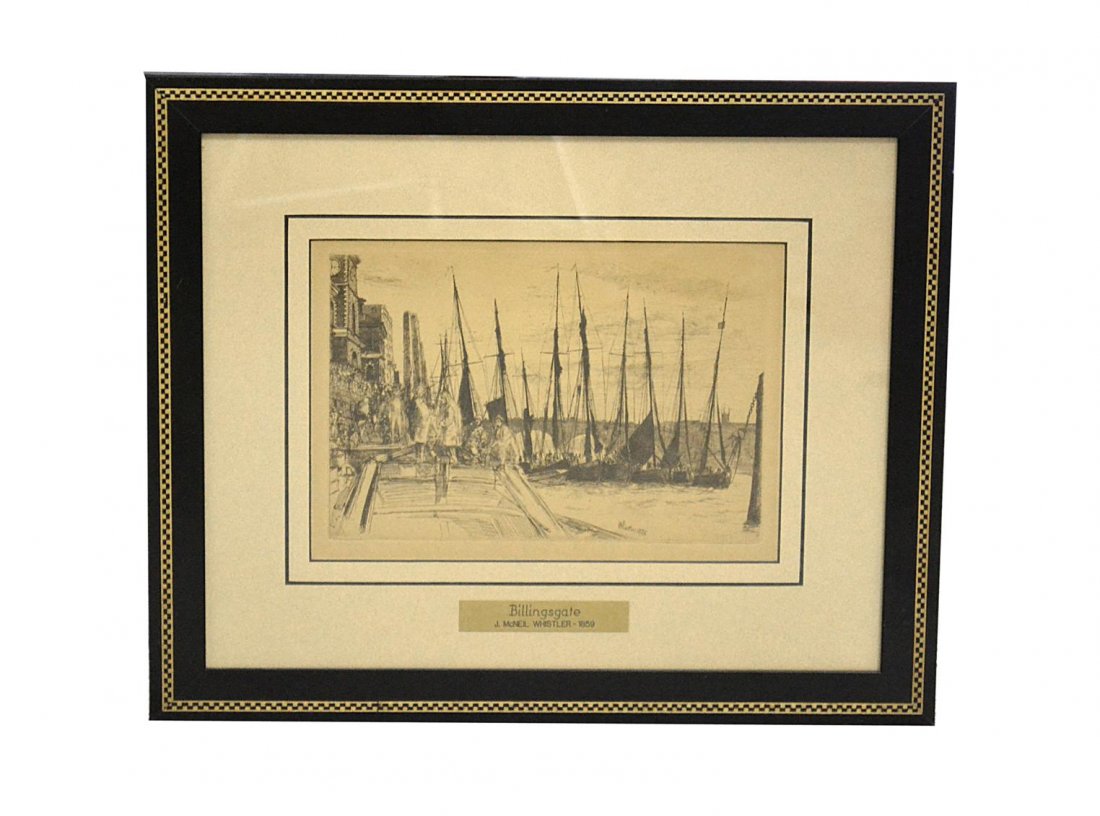 James McNeil Whistler, Etching "Billingsgate": Depicts a row of moored sailboats beside a crowded dock. Image: 6" x 8 7/8" on larger sheet. Frame: 13 1/2" x 16 1/4". Bears a bold plate impression. Age-toning, otherwise in good condition.