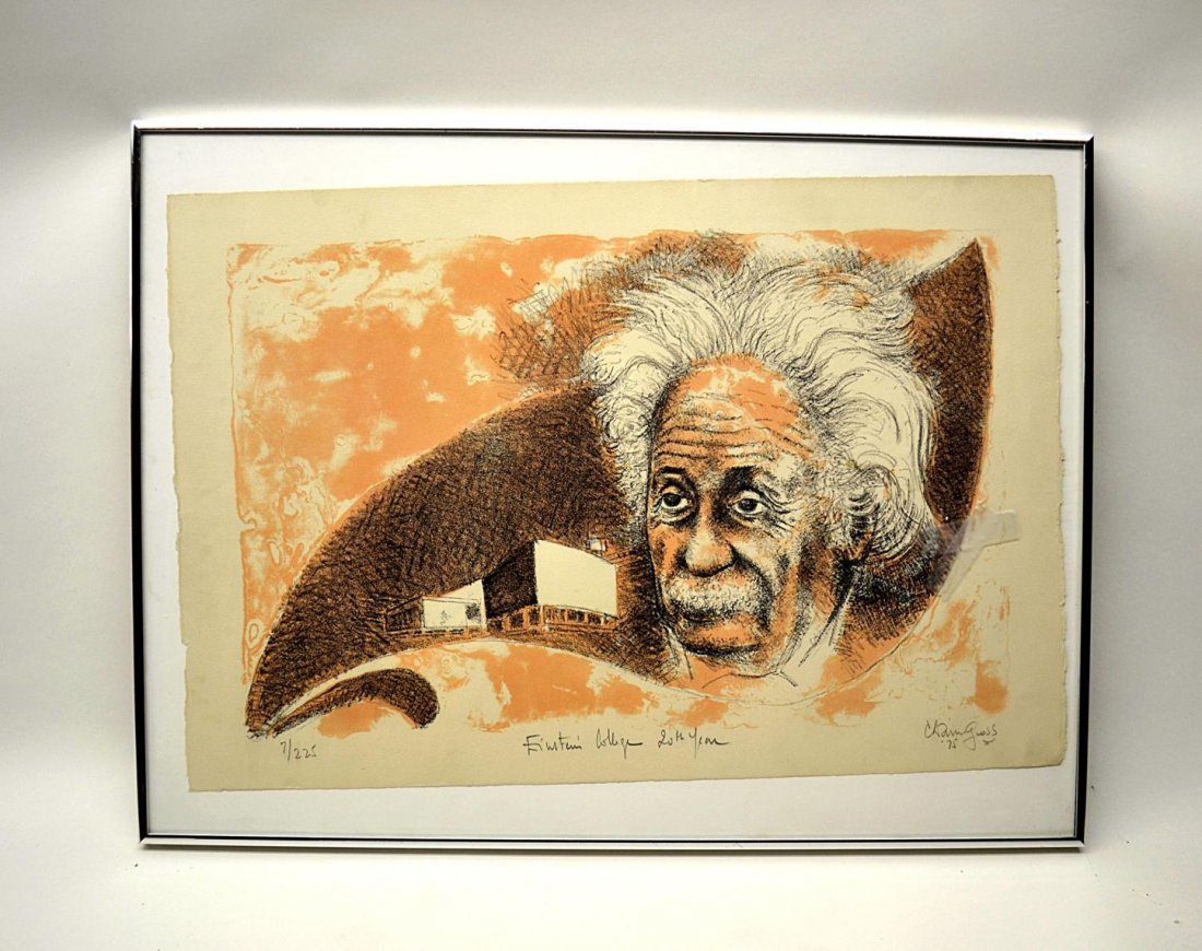 Chaim Gross Lithograph: A framed lithograph of Einstein. "Einstein College 20th Year," #7/225 by Chaim Gross Good condition 18.5" x 12"